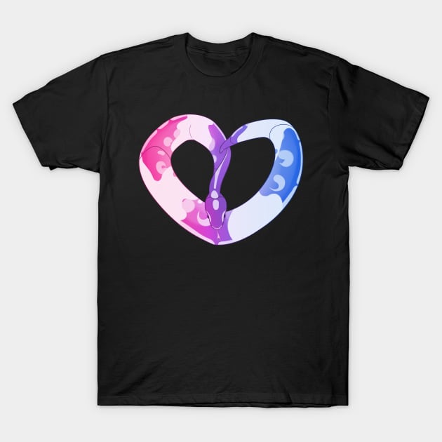 Ball Python Heart (Bi Pride Design) T-Shirt by larkspurhearts